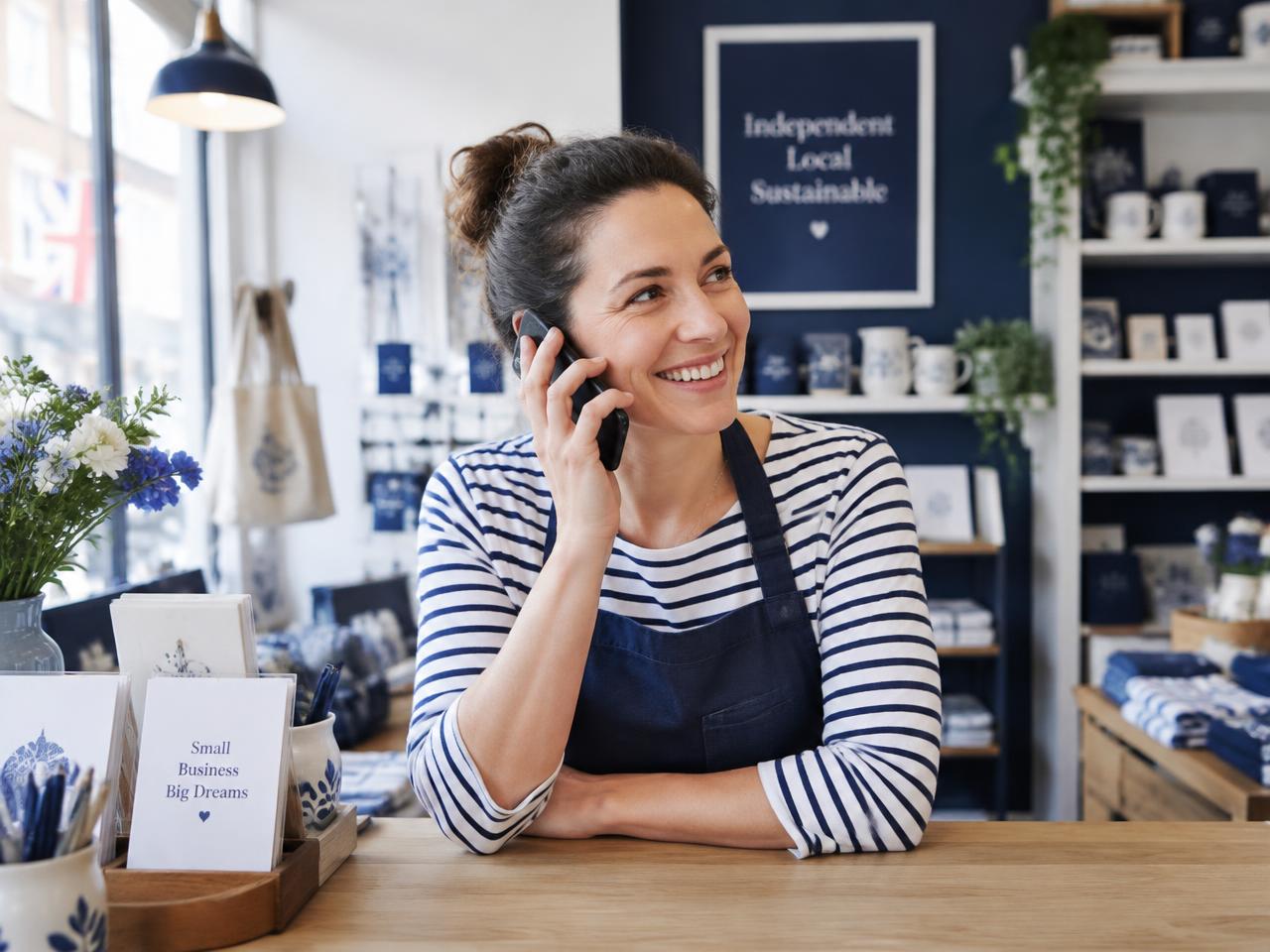 Small business owner on the phone in her shop