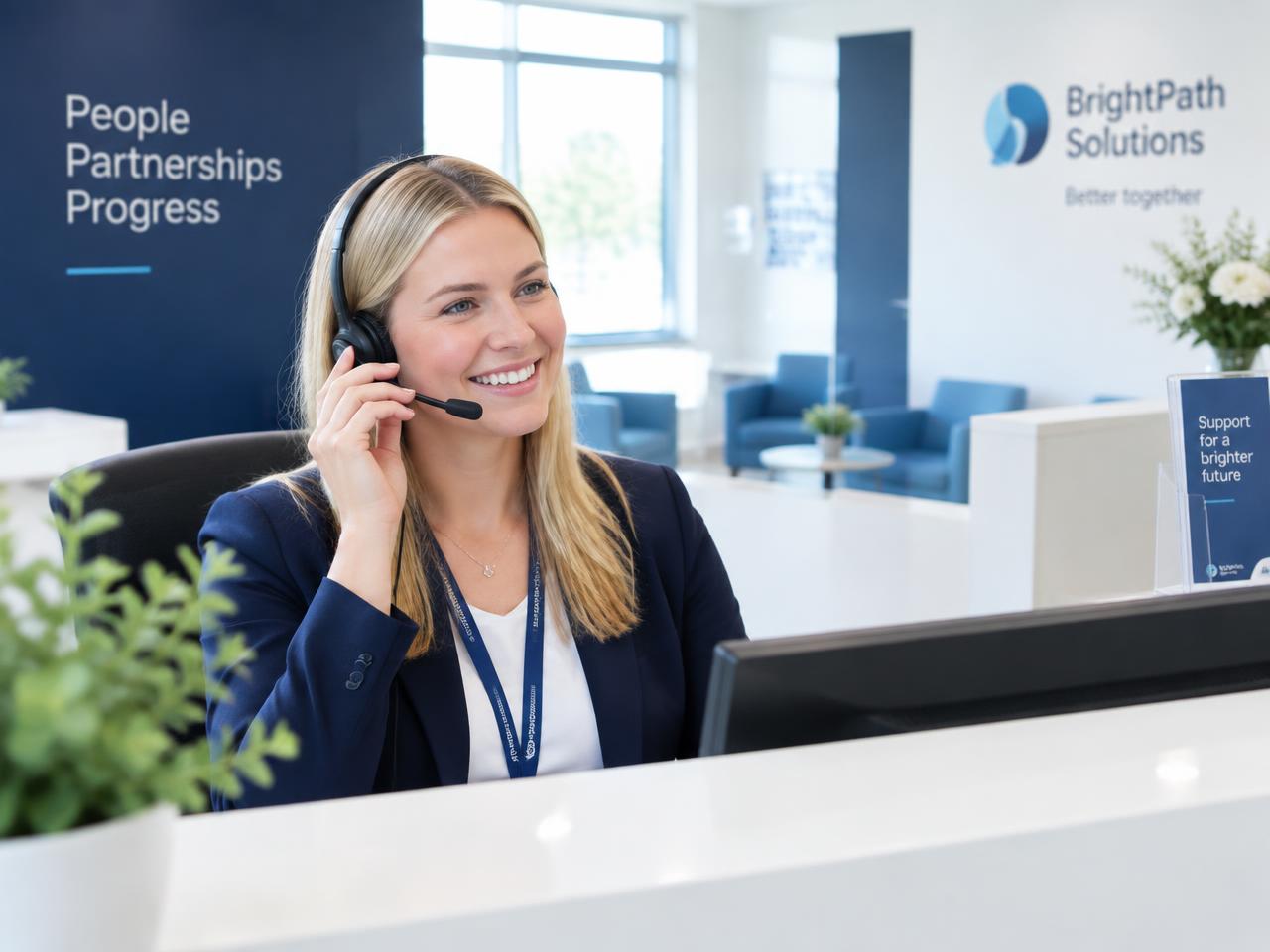 Receptionist smiling while answering a call on a headset