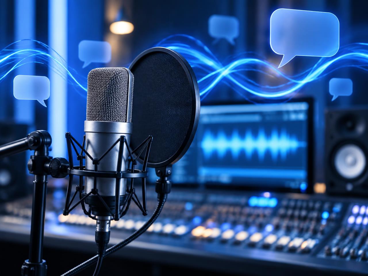 Studio microphone with glowing sound waves and speech bubbles